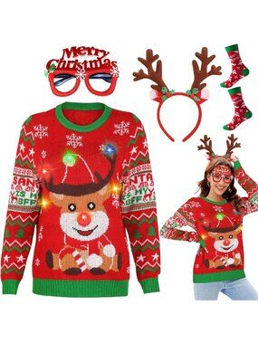 Hilarious Light Up Ugly Christmas Sweater for Women - LED Reindeer Holiday Fun